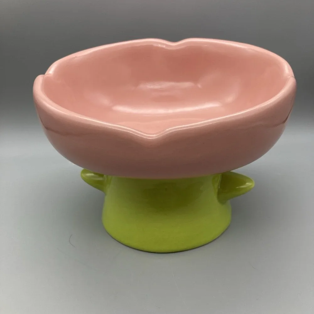 Whisker Friendly Flower Shaped Ceramic Pet Food Bowl Elevated Tilted Pink Green